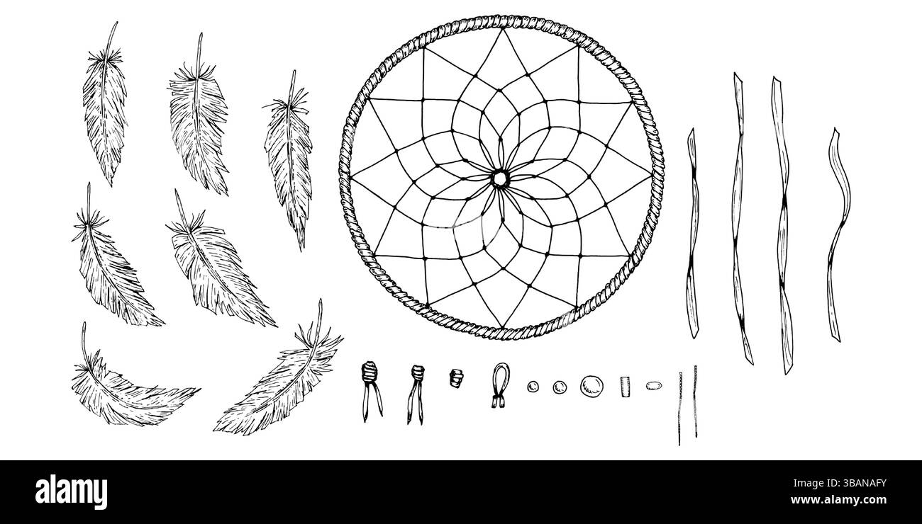 Ensemble vectoriel dessiné à la main de plumes, cerceau, fils, nœuds et perles d'éléments dreamcatcher. Idéal pour les projets de bricolage, artisanat fait main, décorations boho Illustration de Vecteur