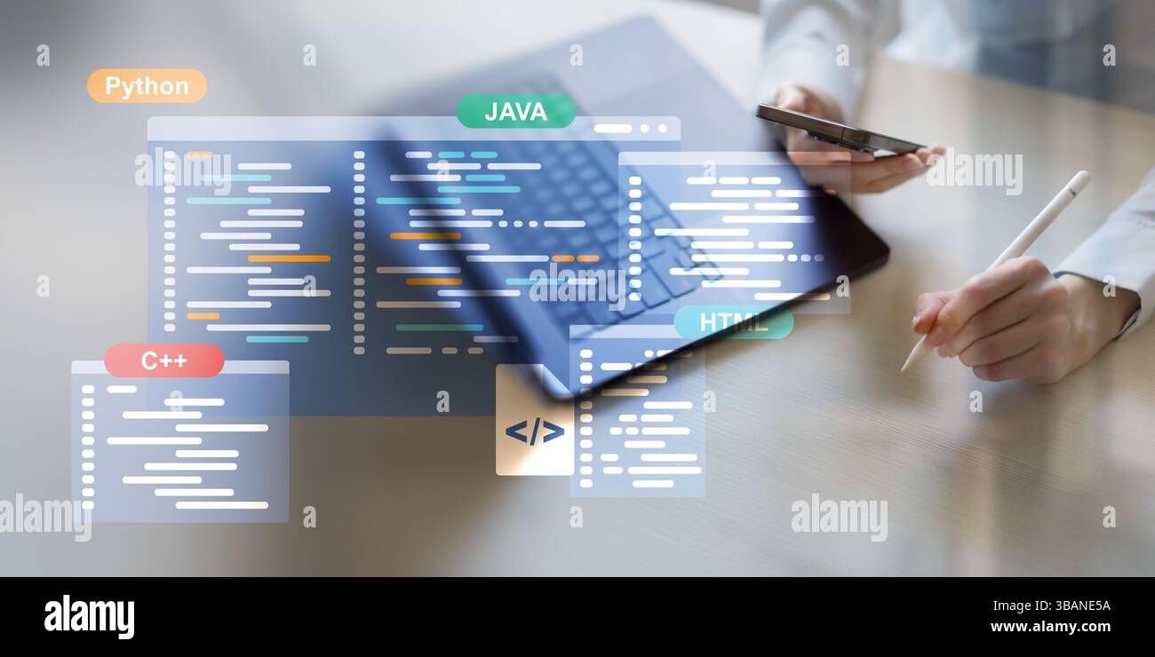 Langages de développement et de programmation logiciels affichés sur une interface de codage virtuelle. Banque D'Images
