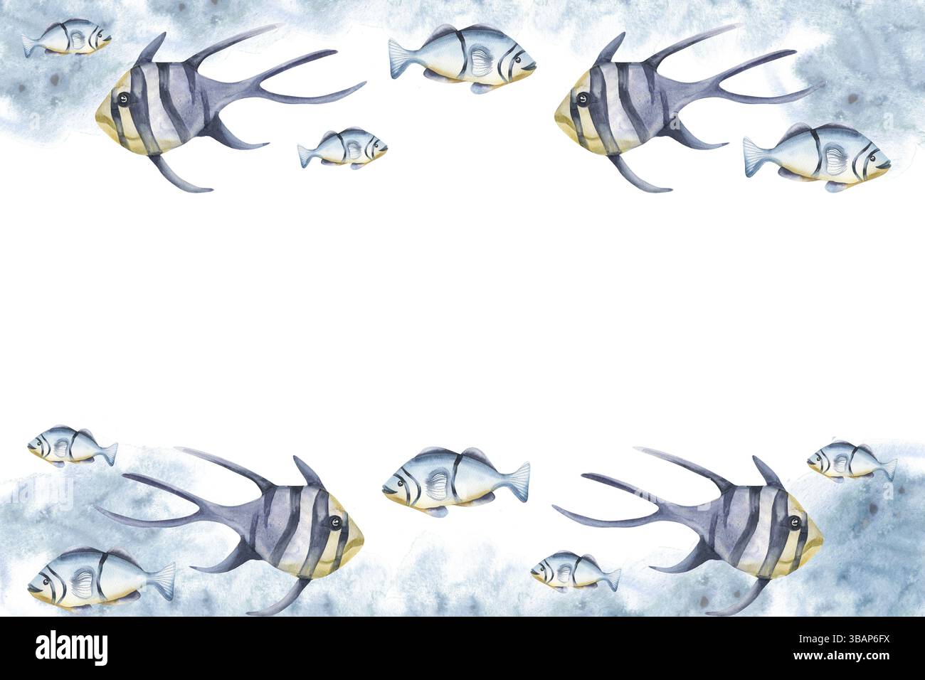Modèle de cadre d'aquarelle de vie sous-marine avec bleu d'aquarium et poissons rayés sur l'illustration abstraite de splash. Bannière marine dessinée à la main avec natation cr Banque D'Images