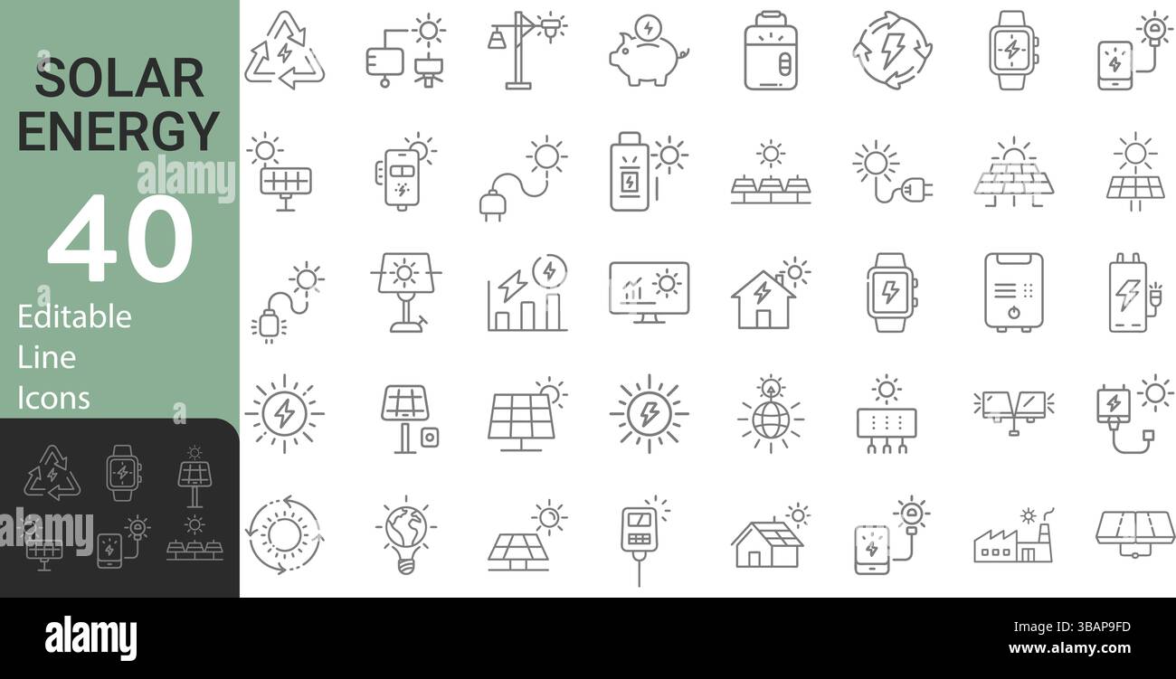 Collection d'icônes d'énergie solaire moderne de style ligne mince ensemble lié à l'énergie solaire photovoltaïque (PV), système domestique, technologie d'énergie électrique renouvelable Illustration de Vecteur