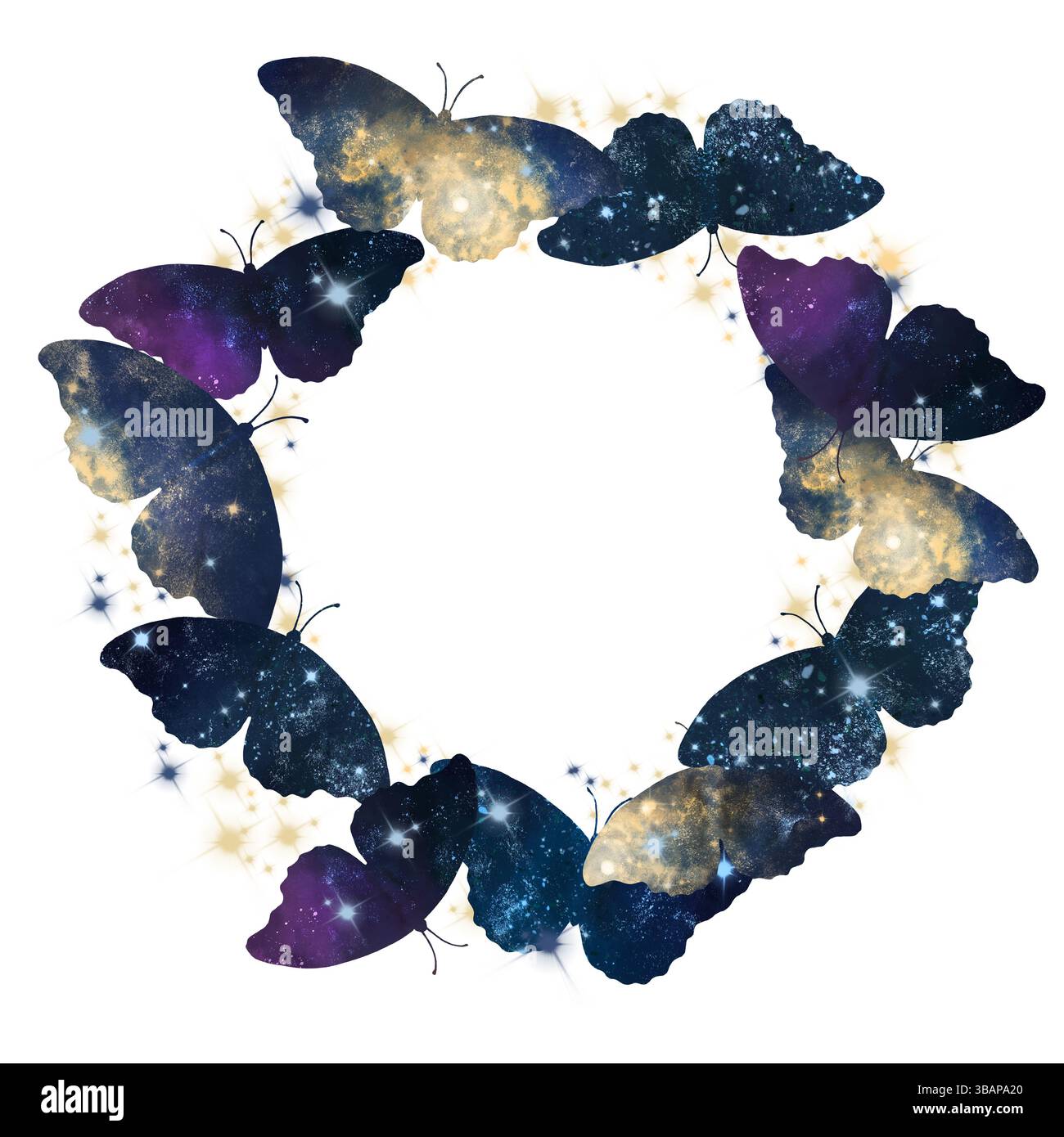 Papillons et papillons de nuit, avec le ciel étoilé et les lumières de la galaxie sur leurs ailes. Illustration aquarelle. Un cadre rond de papillons et d'étoiles si Banque D'Images