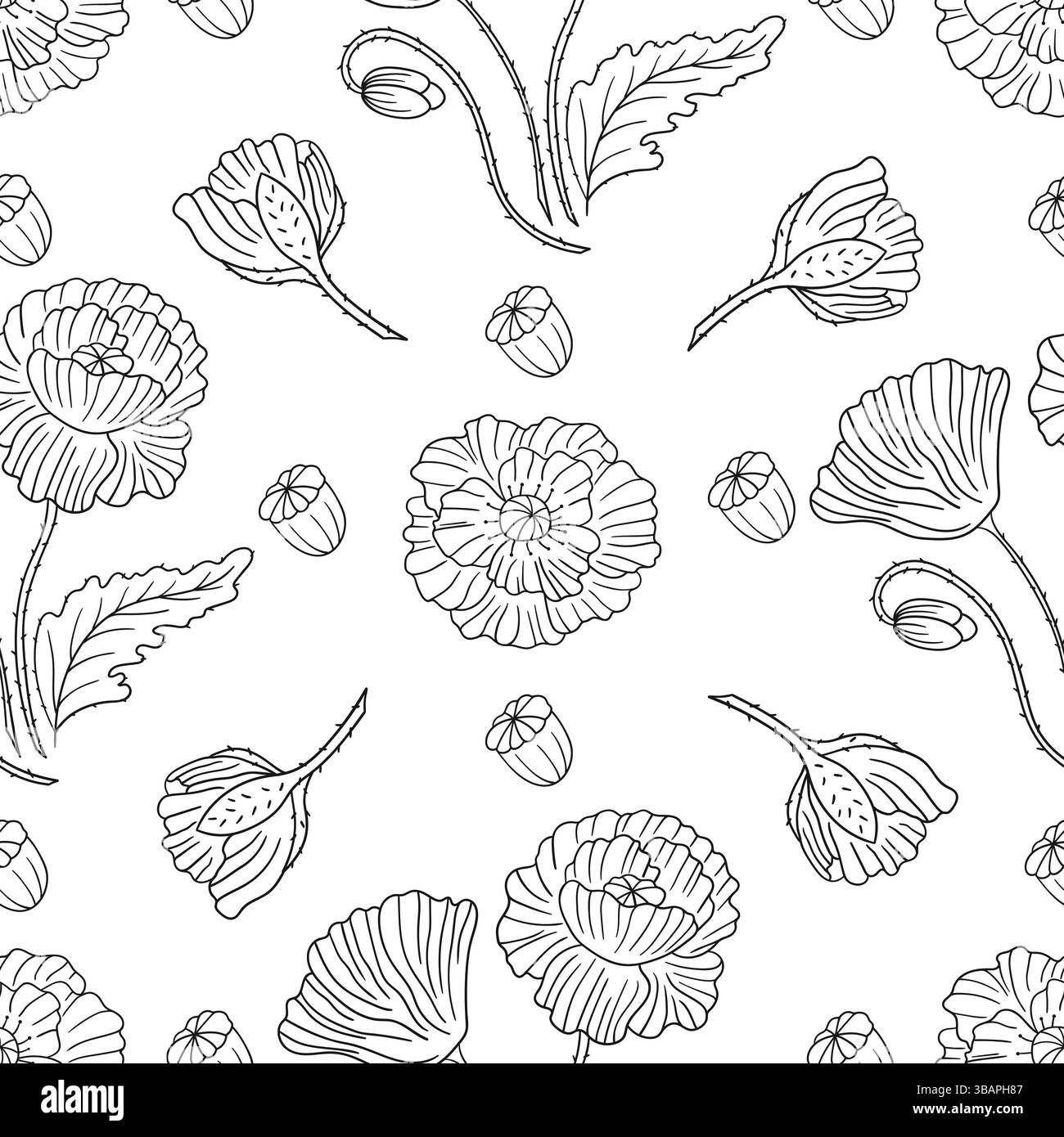 Motif floral monochrome. Modèle pour textile ou cuisine dans le style dessiné à la main. Poppy. Imprimer pour le design, textile, tissu, papier peint Illustration de Vecteur