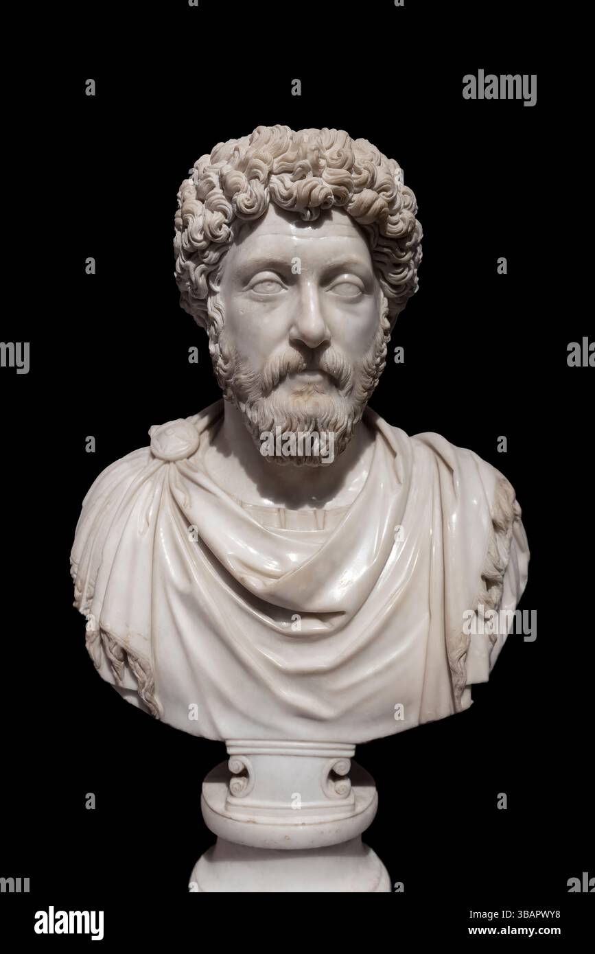 Selçuk – buste en marbre de Marc Aurèle, empereur romain, portrait détaillé de la collection impériale du Musée Éphèse. Banque D'Images