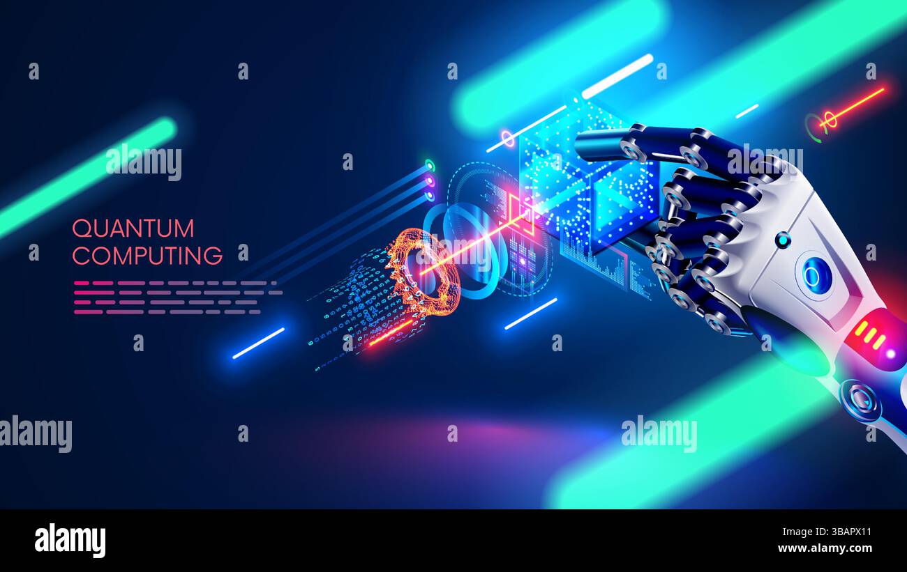 IA ou intelligence artificielle robot main ou bras tenant un cube de verre entouré de signaux optiques et électroniques. L'intelligence artificielle rend scientifique Illustration de Vecteur