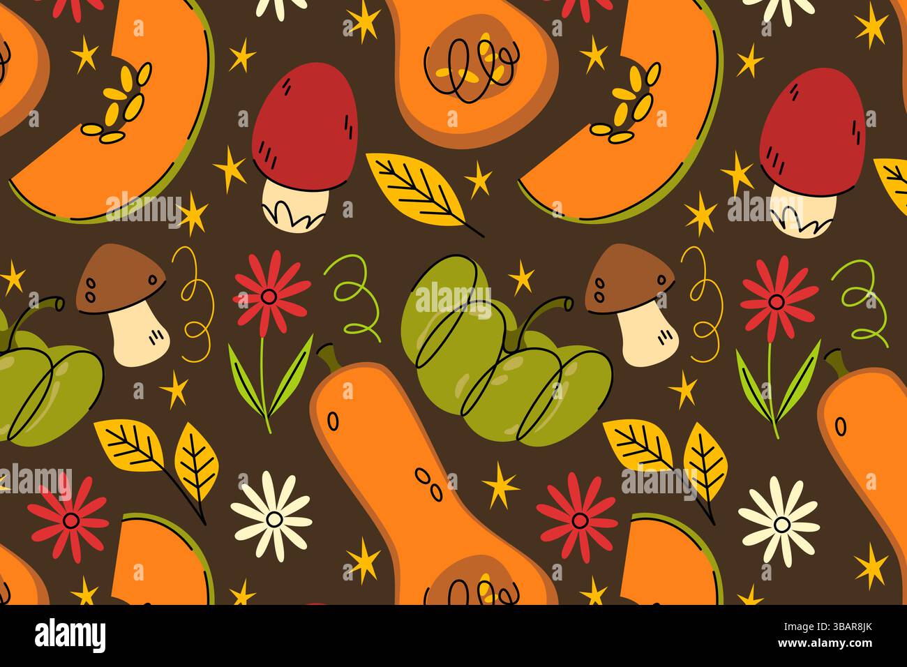 Modèle sans couture de récolte d'automne - citrouilles orange et champignons, feuilles et fleurs sur fond brun. Les légumes de saison colorés griffonnent en répétition Illustration de Vecteur