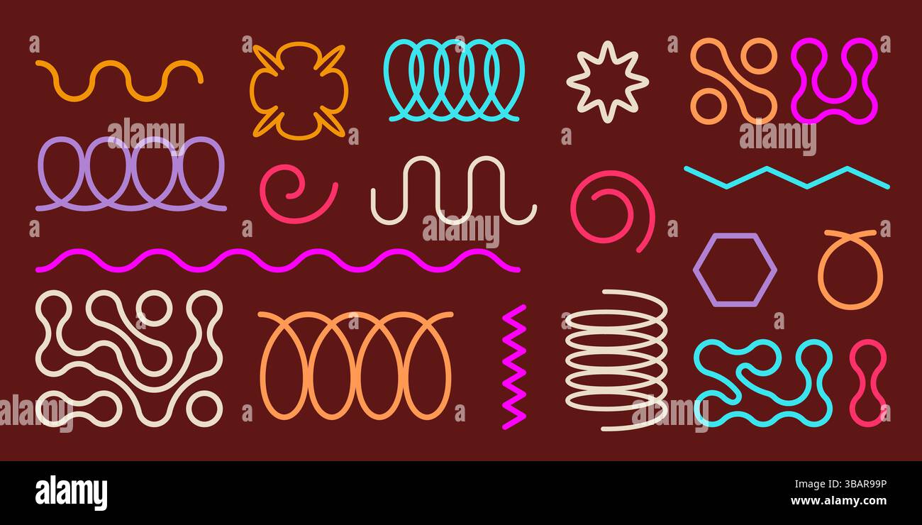 Ensemble coloré d'éléments de bobine de métaball et de ressort en spirale - vagues en zigzag flexibles, lignes emmêlées aléatoires ondulées, boucles et boucles. Formes organiques géométriques co Illustration de Vecteur