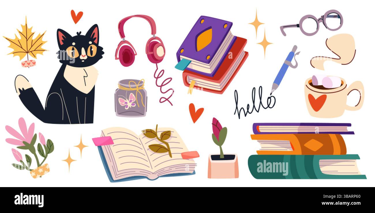 Jeu de pile de dessin animé de livre - chat noir adorable, piles de littérature colorée, pages ouvertes et feuilles, écouteurs et lunettes, tasse de chocolat chaud. Doo Illustration de Vecteur