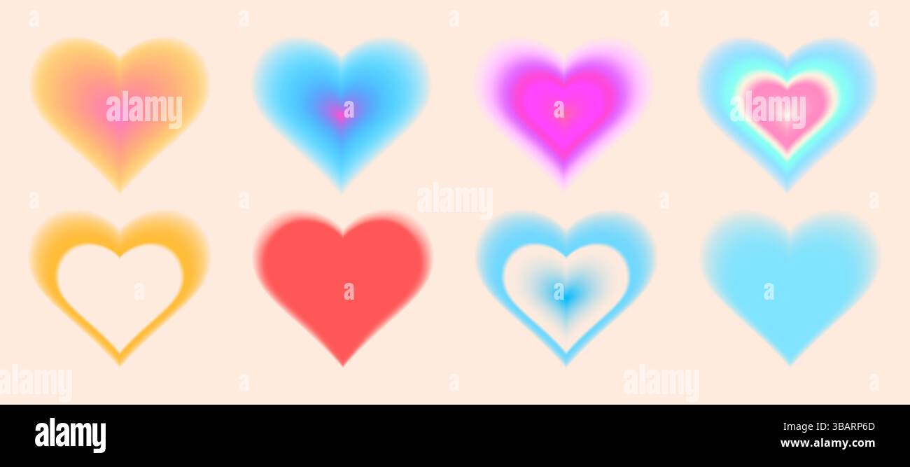 Formes dégradées de coeur dans le style y2k - signe d'amour flou pastel coloré. Néon flou brumeux symboles de Saint-Valentin dans une ambiance nostalgique rétro des années 90. Smoo Illustration de Vecteur
