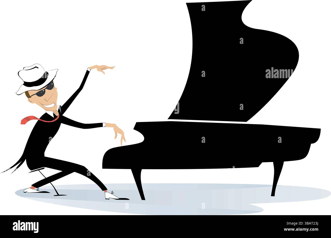 L'homme joue du piano et chante. Homme heureux dans le chapeau et les lunettes de soleil jouant de la musique au piano et chantant Illustration de Vecteur