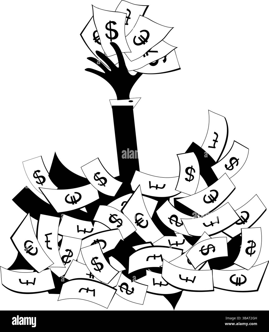 Succès en affaires. Main avec papier monnaie. Jeux d'argent. Loterie. Main avec la monnaie de papier montant de la grosse pile d'argent. Noir et blanc Illustration de Vecteur