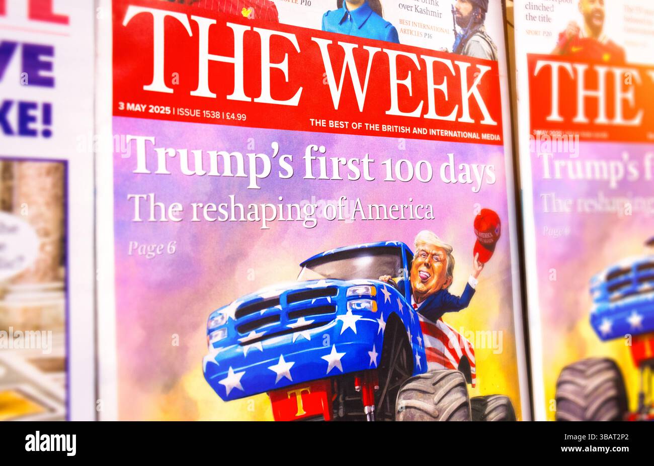 Titres de l'actualité de Donald Trump - derniers magazines couvrant le deuxième mandat du président Donald Trump à la suite des guerres tarifaires présidentielles et du changement de politique américaine. Banque D'Images
