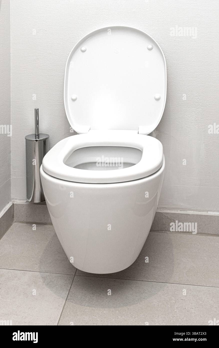 Nettoyer la cuvette des toilettes avec couvercle ouvert et brosse de toilette dans une salle de bains moderne Banque D'Images