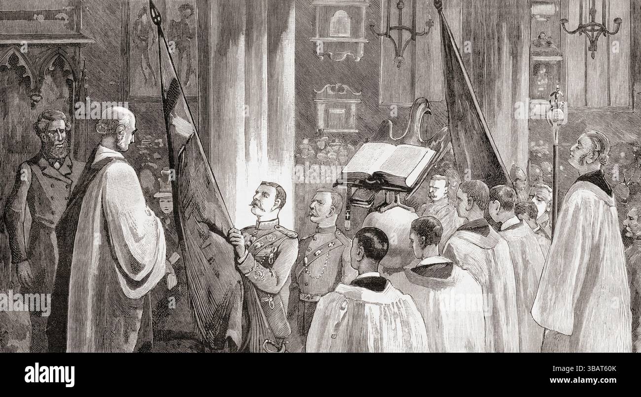 Queen Victoria's Westminster Volunteers redéposant à l'église Margaret's Church, Westminster, les couleurs des bandes armées de la présence Margaret et de la présence John, enrôlées en 1798. Les Queen's Westminsters étaient un régiment d'infanterie de l'armée territoriale, qui faisait partie de l'armée britannique, à l'origine formée à partir du Rifle Volunteer corps. Tiré du Graphic Illustrated, publié en 1887. Banque D'Images