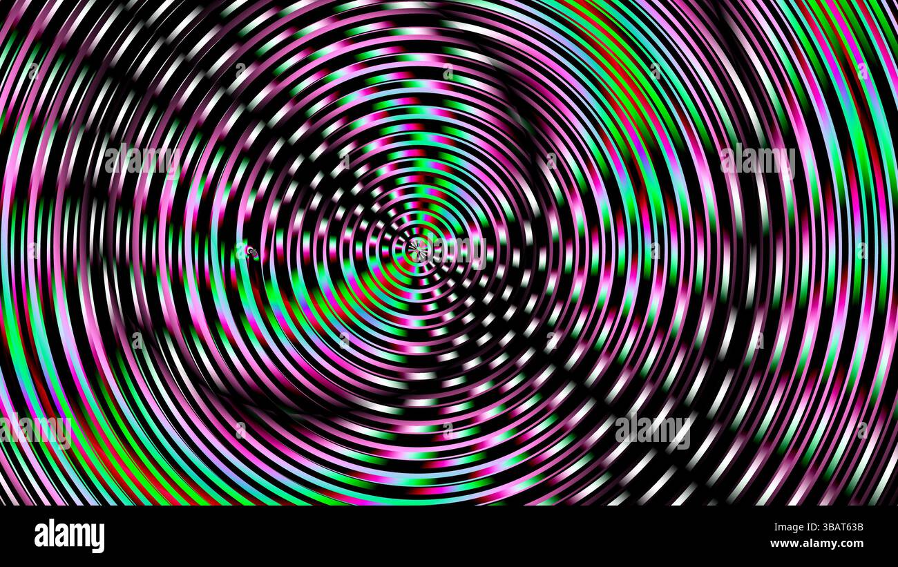 Illusion d'anneau concentrique psychédélique – motif optique en spirale noir et arc-en-ciel avec ondes chromées hypnotiques Banque D'Images