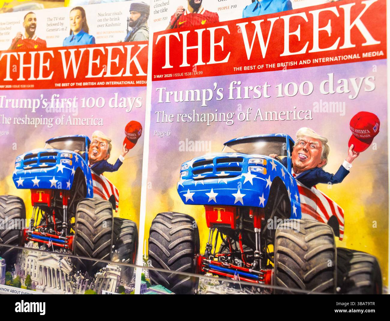 Titres de l'actualité de Donald Trump - derniers magazines couvrant le deuxième mandat du président Donald Trump à la suite des guerres tarifaires présidentielles et du changement de politique américaine. Banque D'Images