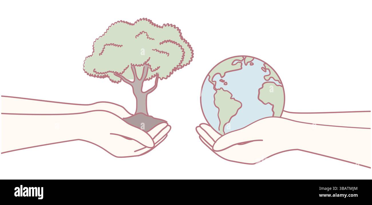 Une illustration de mains tenant un arbre et la Terre, symbolisant la protection de l'environnement pour les générations futures Illustration de Vecteur