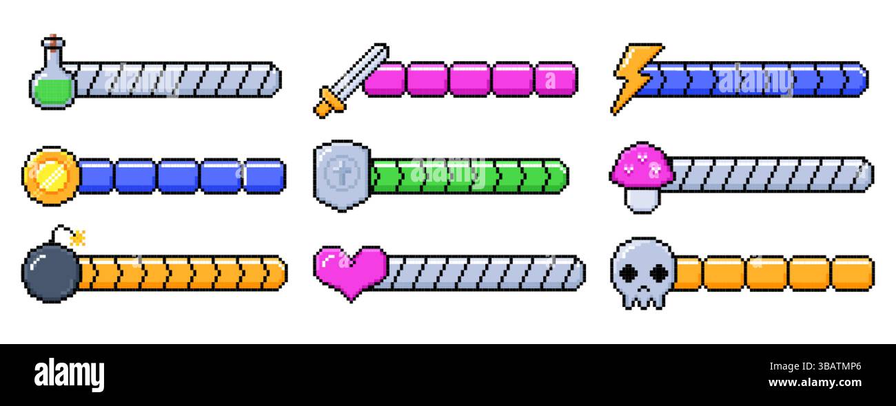 Ensemble vectoriel d'icônes de vie de jeu de pixels 8 bits. Élément de jeux vidéo rétro, arcade ui design niveaux d'énergie avec coeur, bombe, crâne, épée, bouteille de potion de mana, éléments du contrôleur. Barre de progression du chargement pixelisée Illustration de Vecteur