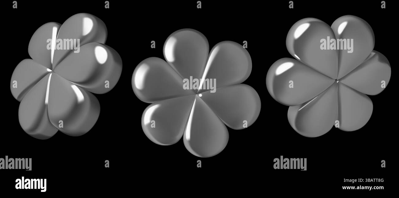 Abstrait chrome 3d Daisy Flowers y2k éléments de conception sur fond noir Illustration de Vecteur