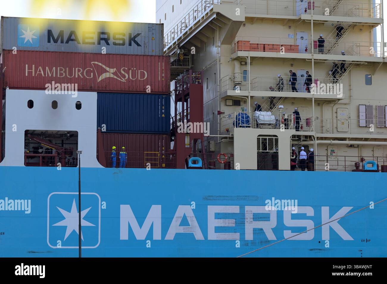 DANEMARK, Aabenraa Havn, ravitaillement en carburant du porte-conteneurs Laura Maersk avec le premier e-méthanol de l'usine Power-to-X de Kassø, de l'usine Kassoe d'European Energy et de Mitsui, en utilisant du CO2 biogénique provenant localement de l'usine Biogas de Tønder, la compagnie maritime Maersk et Hambourg ont poursuivi le conteneur à bord Banque D'Images