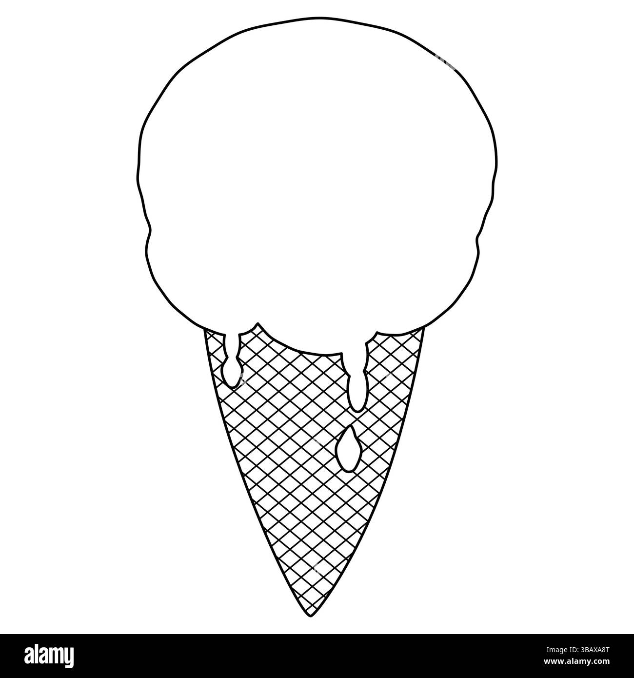 Coloriage avec vecteur de contour d'été dessinant une crème glacée appétissante juteuse dans un cône de gaufre avec des gouttes et des gouttes. Idéal pour divertir les enfants, summerti Illustration de Vecteur