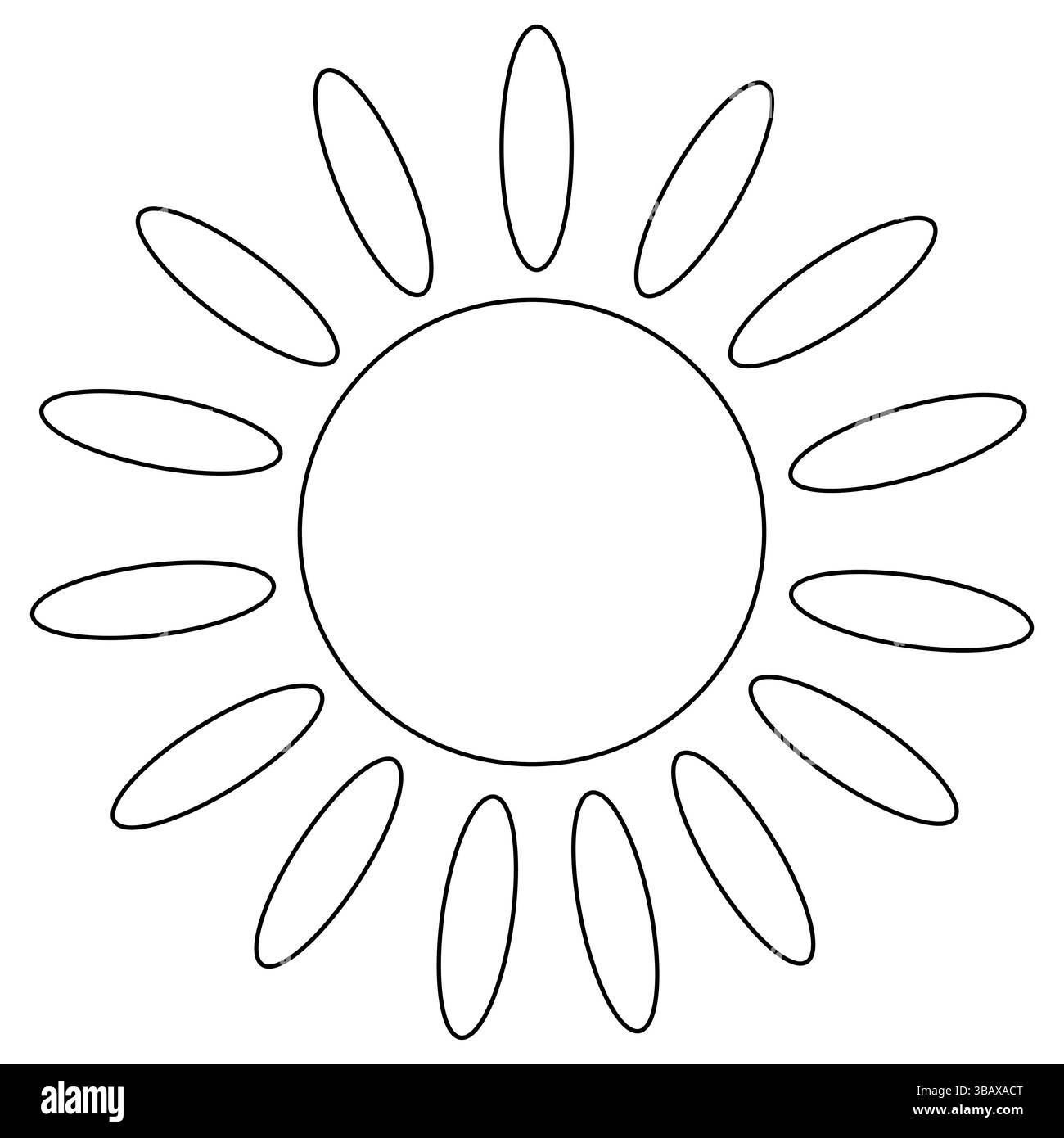 Coloriage avec dessin de contour d'été du soleil avec des rayons de forme ovale. Beaucoup de rayon. Élément de l'élément. Pour divertir les enfants, été, saisonnier, Illustration de Vecteur