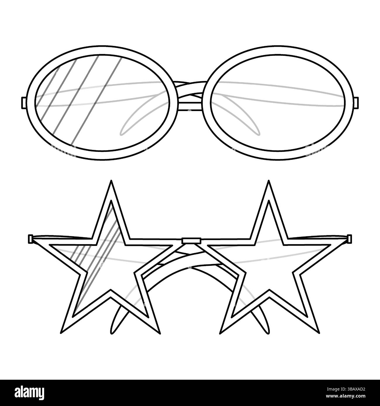 Coloriage avec dessin vectoriel de contour d'été d'un ensemble de lunettes de soleil avec des lunettes ovales et en forme d'étoile. Accessoires de plage. Idéal pour divertir k Illustration de Vecteur