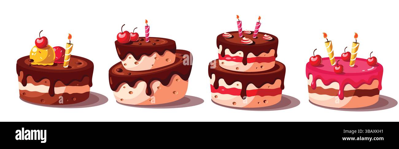 Ensemble clipart d'éléments de gâteau d'anniversaire. Gâteau au chocolat et à la saveur de fraise clip art collection délicieux et délicieux dessert pour l'anniversaire Illustration de Vecteur