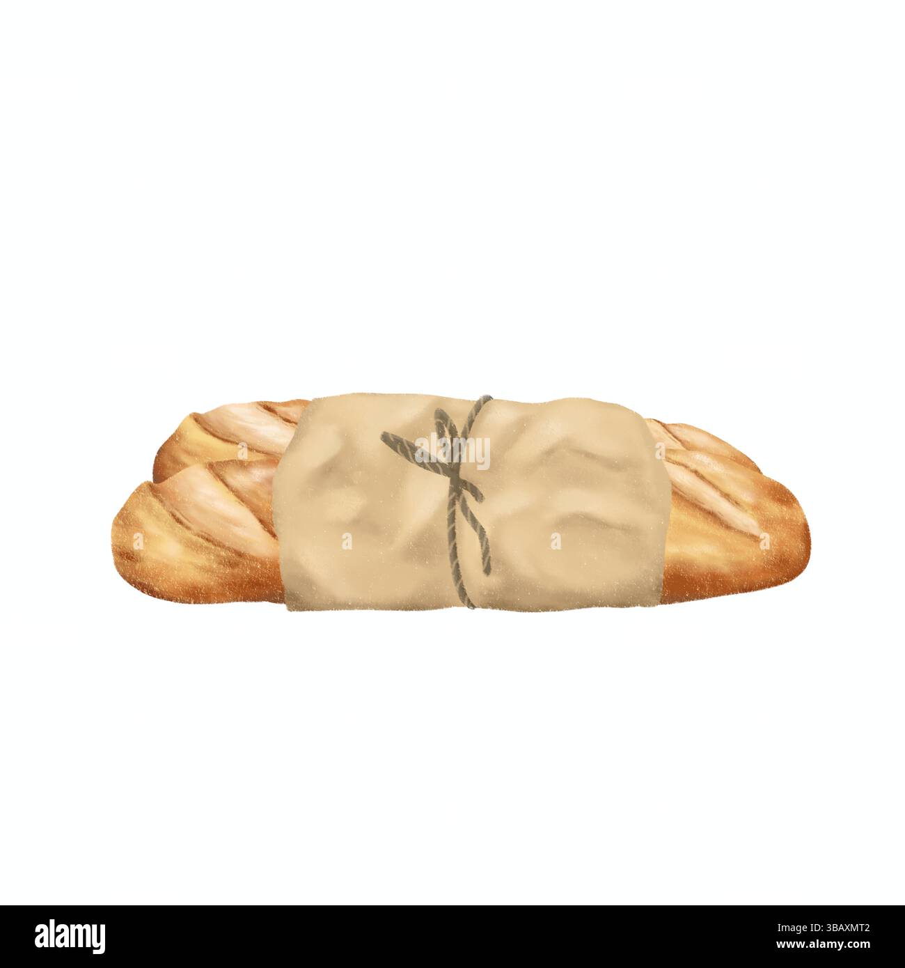 Baguettes françaises enveloppées dans une illustration en papier isolée. Illustration réaliste de baguettes françaises cuites soigneusement placées dans du papier kraft éco contre. BA Banque D'Images