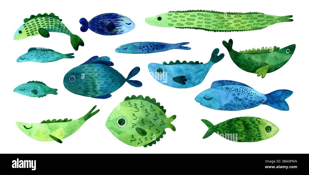 Ensemble de poissons aquarelles océaniques. Poissons mignons bleus et verts isolés sur fond blanc. collection clipart. Illustration peinte à la main. Banque D'Images