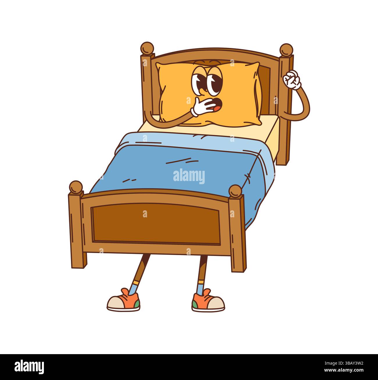 Mobilier de lit rétro somnolent de dessin animé et caractère intérieur avec face d'oreiller expressive et baskets. Vector funky personnage enveloppé dans une couverture confortable avec une ambiance de chambre y2k vintage nostalgique Illustration de Vecteur