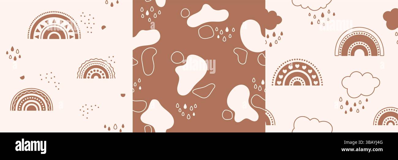 Ensemble de trois motifs pour enfants sans couture avec des arcs-en-ciel, des nuages et des taches abstraites dessinées dans des couleurs bohème. Illustration de Vecteur