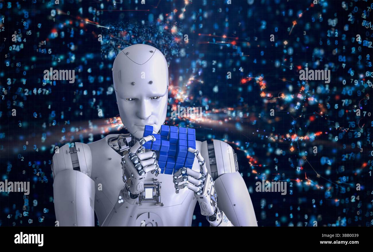 Le rendu 3D puzzle cube jeu robot humanoïde Banque D'Images