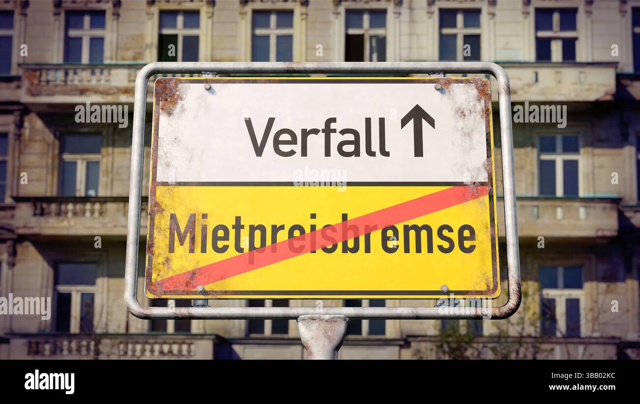 Panneau de ville avec les mots allemands Mietpreisbremse (contrôle des loyers) et Verfall (désintégration) Banque D'Images