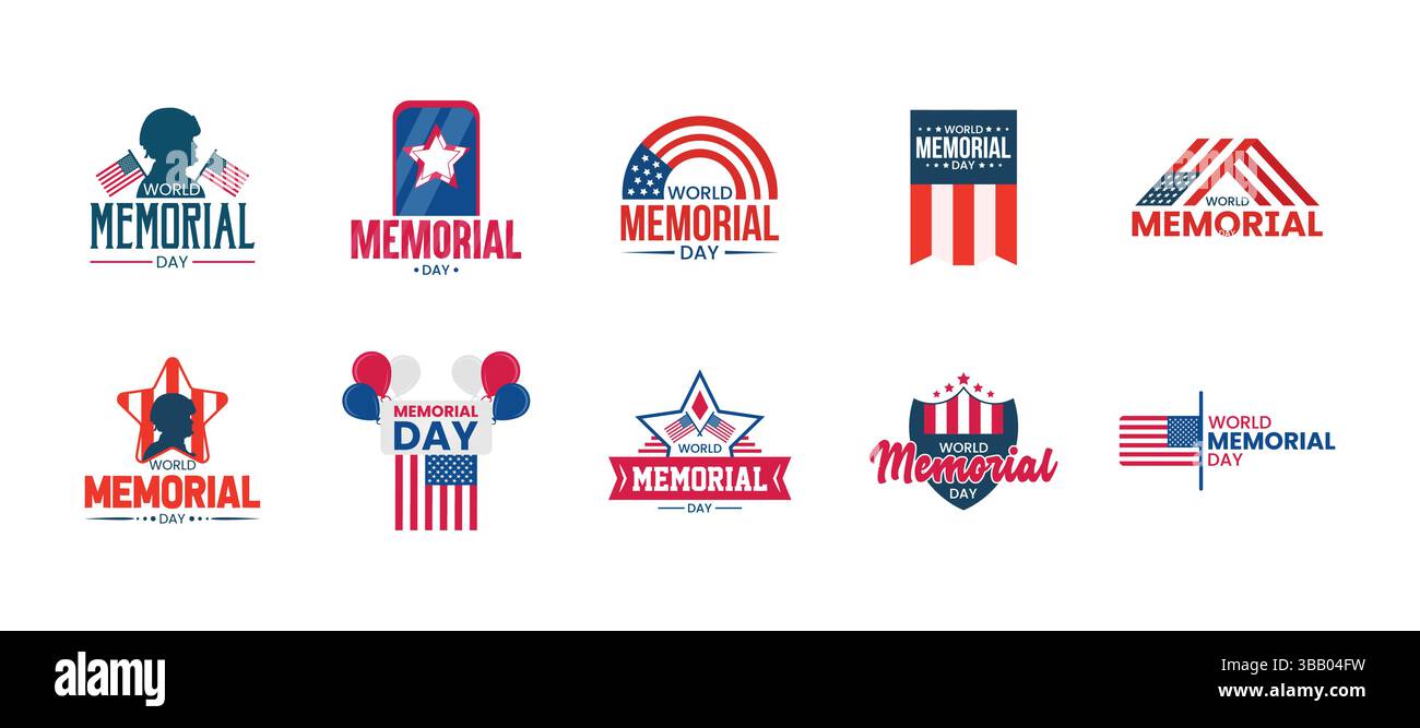 Collection de badges World Memorial Day, logo Patriotic USA Memorial Day, ensemble avec drapeaux, étoiles et icônes militaires, emblèmes PNG modifiables de style vectoriel sur whi Illustration de Vecteur