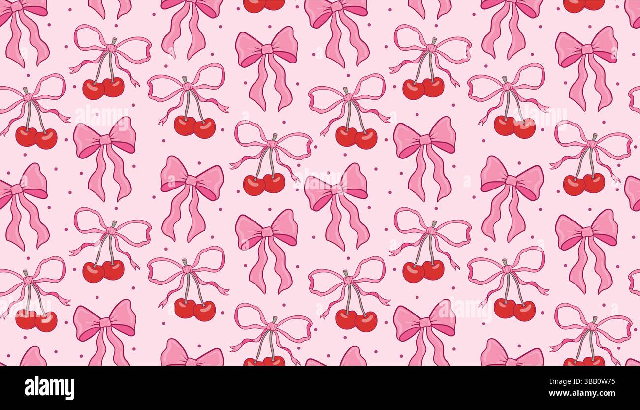 Joli motif sans couture avec cerises et noeuds délicats dans un style coquette tendance. Design féminin et flirty idéal pour les arrière-plans, le tissu, le cadeau WR Illustration de Vecteur