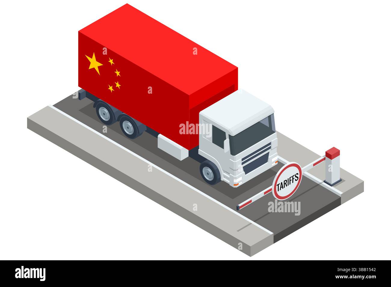 Vecteur isométrique d'un camion chinois arrêté à une barrière douanière marquée "TARIFS", représentant des restrictions commerciales et des barrières économiques. Importer Illustration de Vecteur