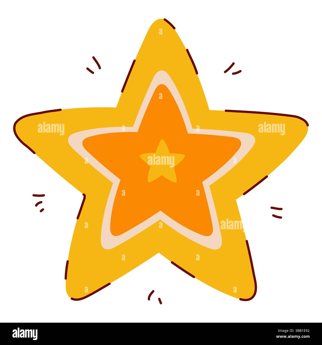 Symbole étoile dans le style dessiné à la main avec des décorations de lignes subtiles dans les couleurs jaune et orange. Forme d'étoile de Noël dorée isolée sur fond blanc Illustration de Vecteur