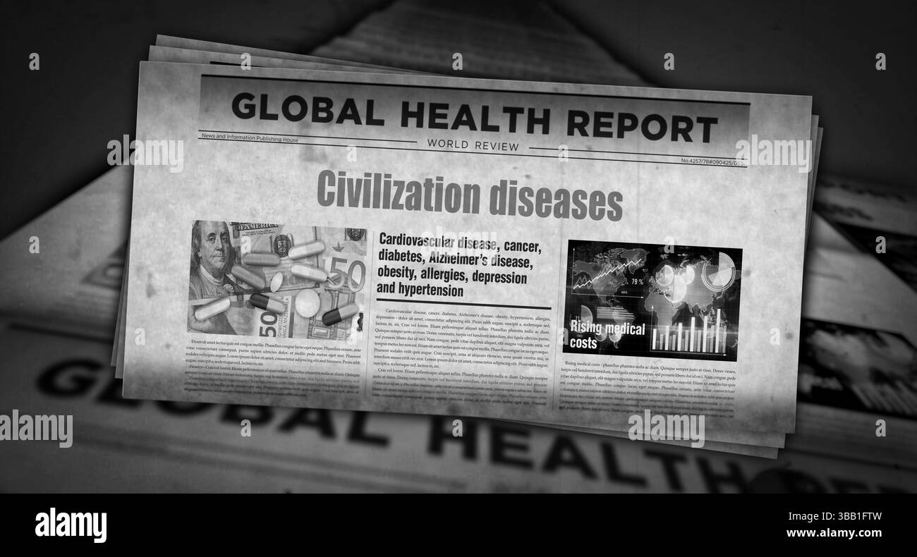 Civilization Diseases attaque numérique et cyber guerre vintage nouvelles et impression de journaux. Concept abstrait rétro titres illustration 3D. Banque D'Images