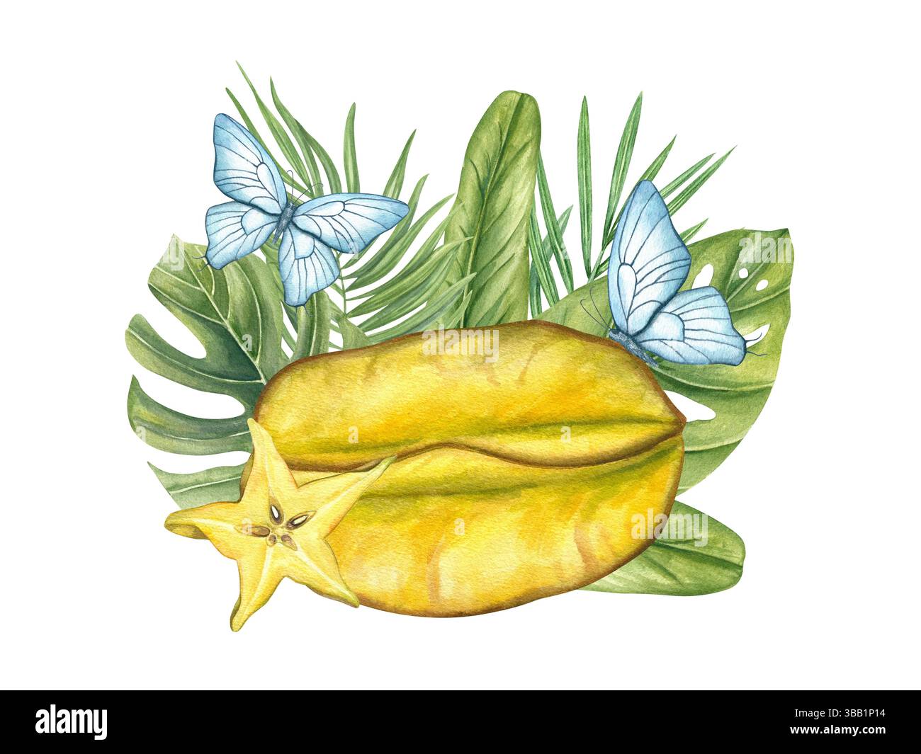 Aquarelle fruit étoile entière avec tranche entourée de feuilles tropicales et papillons bleus scintillants illustration arrière-plan isolé. Carambole Banque D'Images