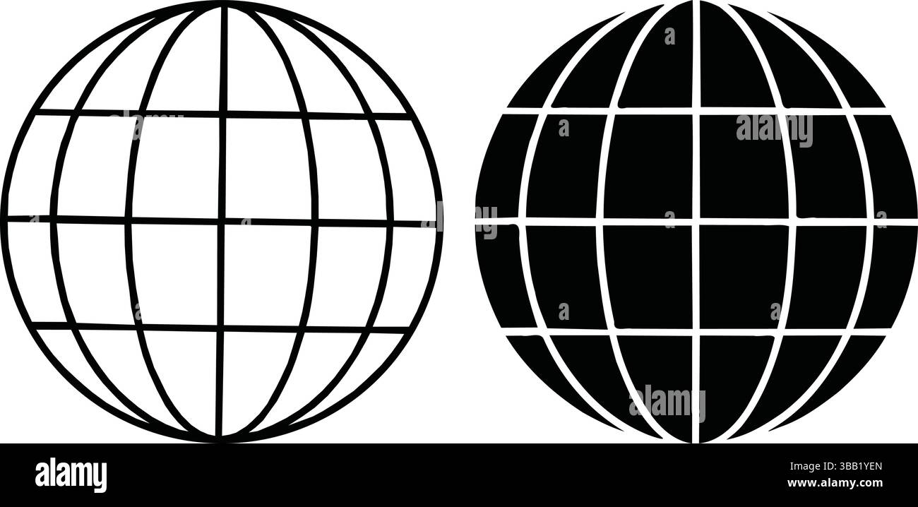 Silhouette de deux icônes de globe, une blanche avec des lignes de grille noires et une noire avec des lignes de grille blanches, représentant la connectivité mondiale et Internet Illustration de Vecteur