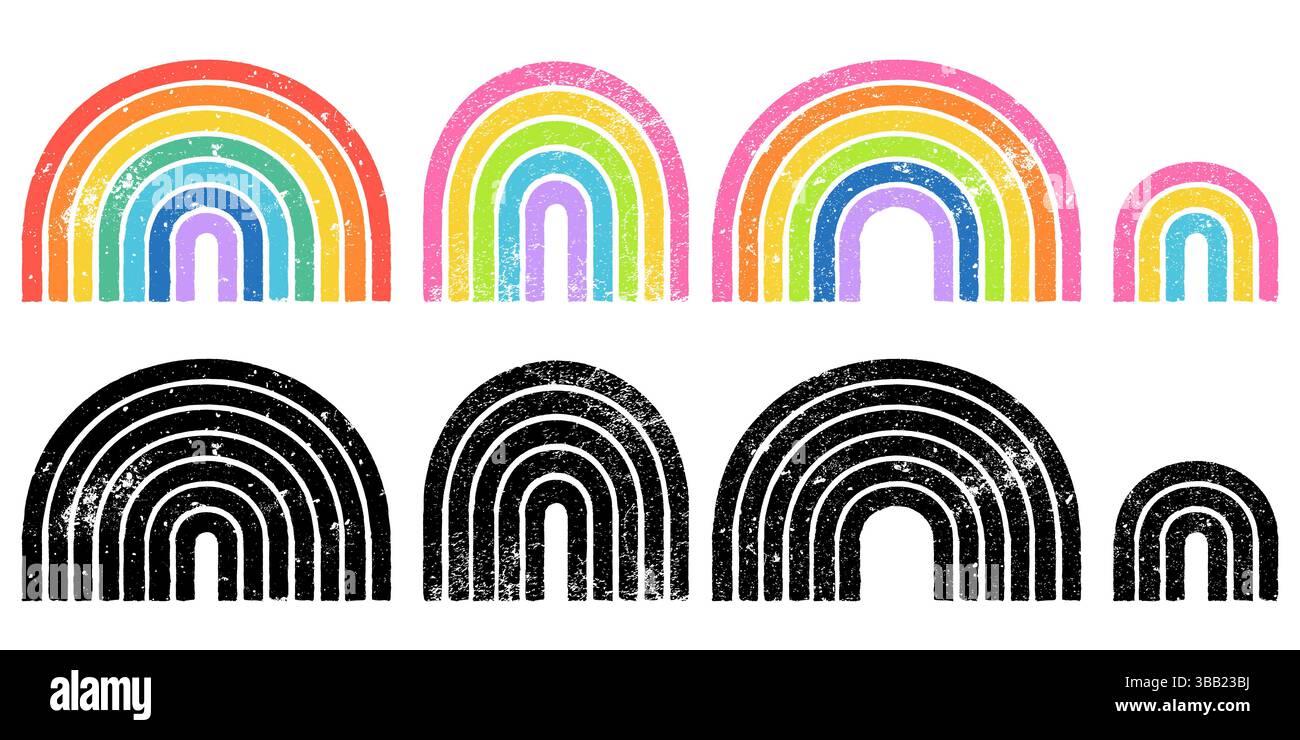 Ensemble arc-en-ciel avec textures grunge de peinture. Icônes peintes en crayon de craie coloré vectoriel isolées sur fond blanc. Éléments de design tendance de l'été Illustration de Vecteur