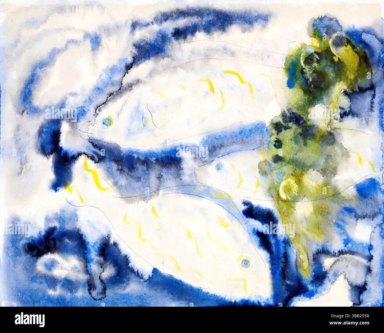 Scan haute résolution de la série de poissons des années 1920 de Charles Demuth, une nature morte aquarelle moderniste de poisson frais avec texture lumineuse, forme et palette tonale fraîche Banque D'Images