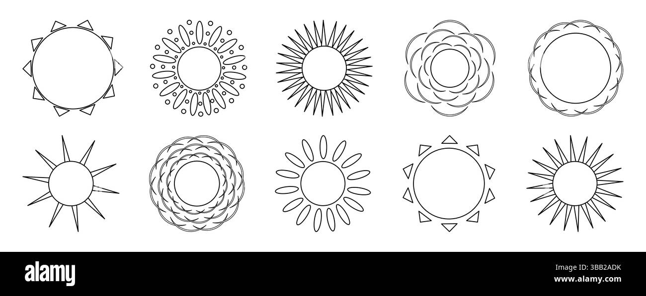 Coloriage avec dessin d'été ensemble de soleil avec différentes formes de rayons - triangulaire, ovale, cercles et arcs. Élément des éléments. Pour enterta Illustration de Vecteur