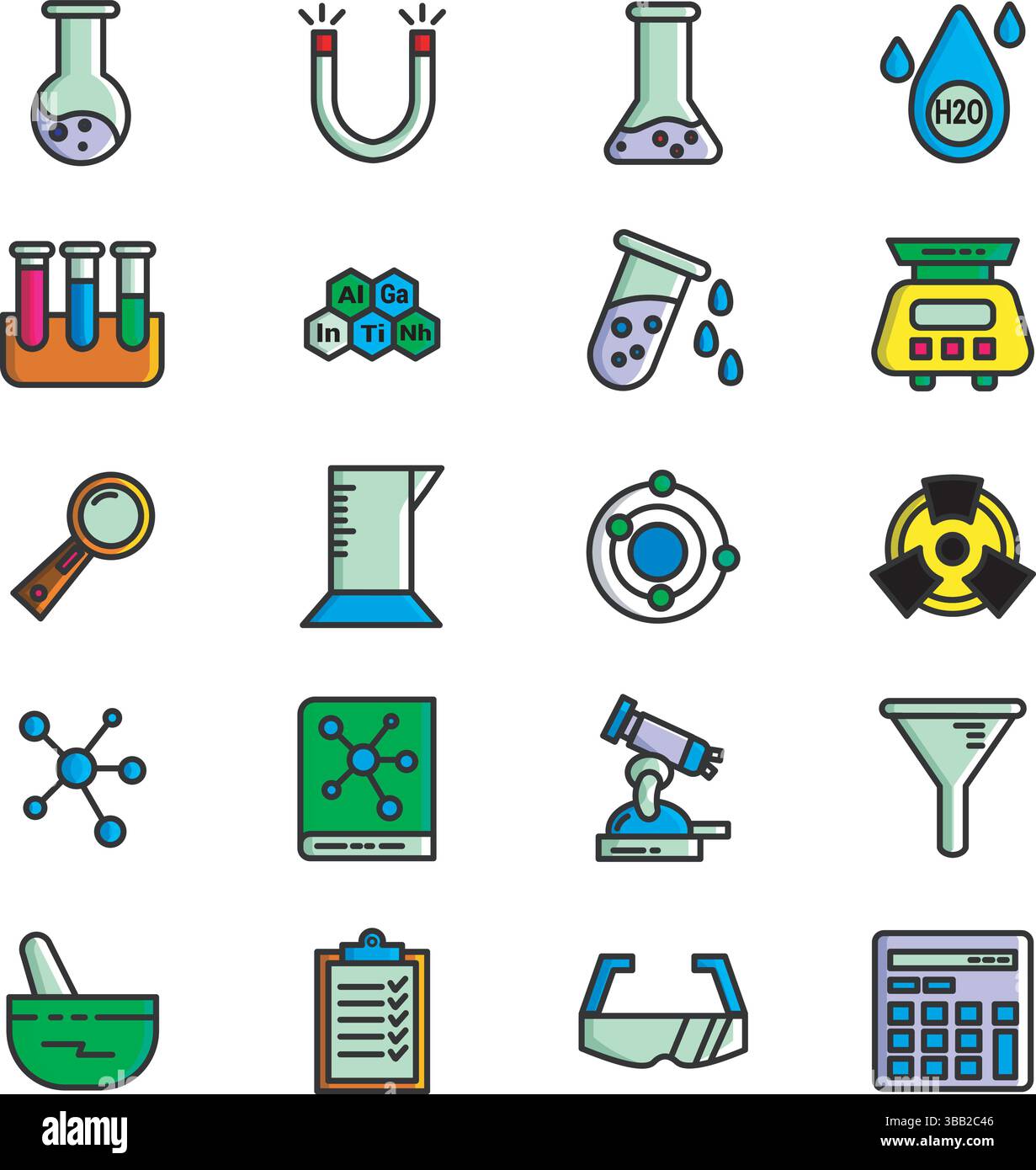 Jeu d'icônes de chimie – équipement de laboratoire, molécules, expériences et symboles scientifiques Illustration de Vecteur
