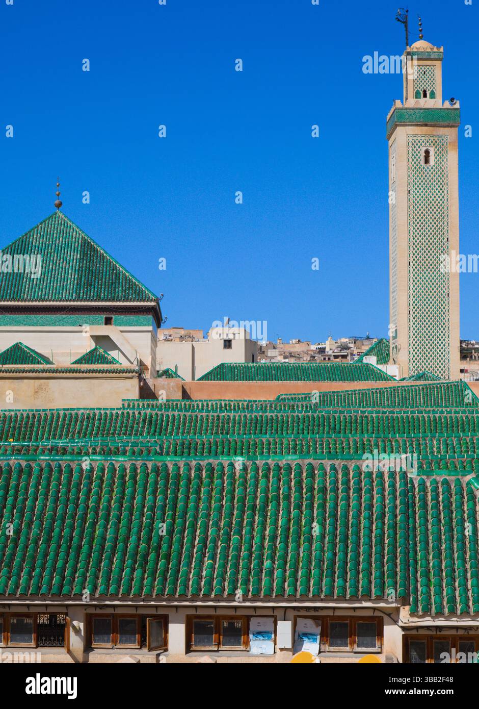 Maroc, Fès, Médina, skyline, toits, minaret, Banque D'Images