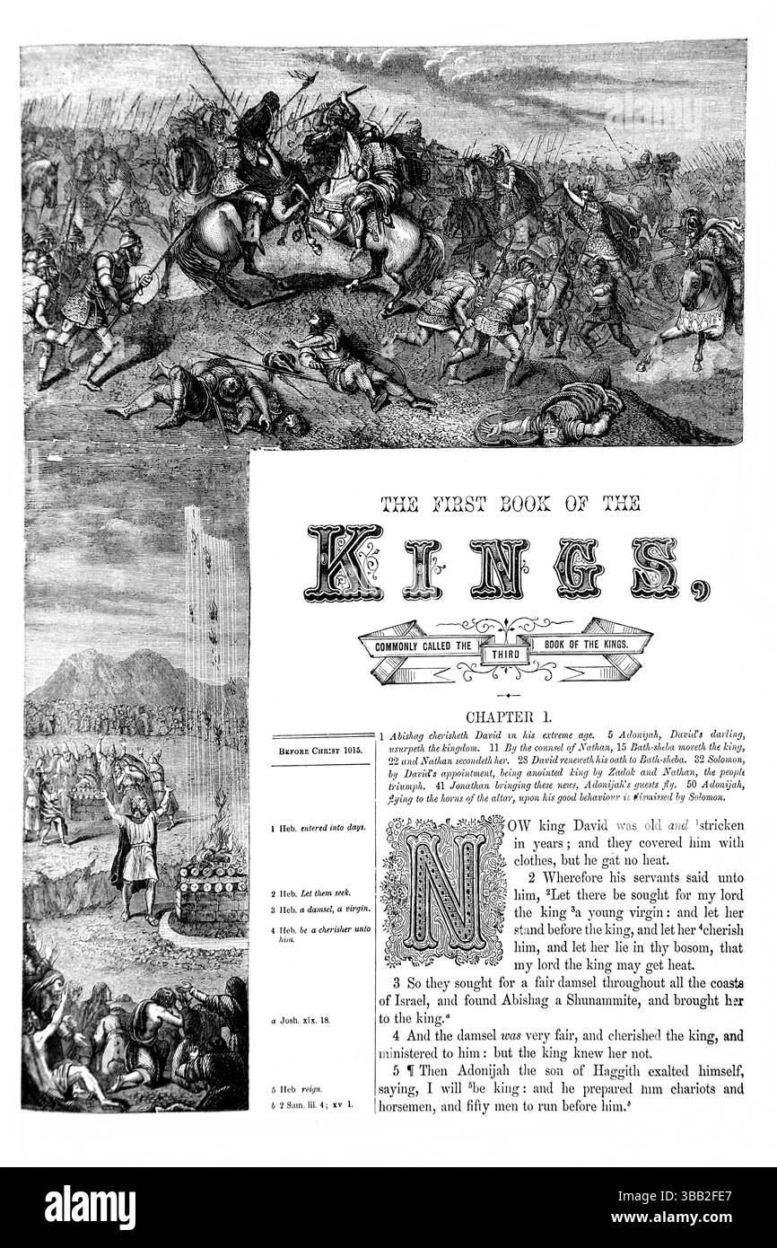 Page de titre du premier Livre des Rois de l'Antiquité du XIXe siècle la Sainte Bible contenant l'ancien et le Nouveau Testament avec Notes explicatives, Réferenc Banque D'Images