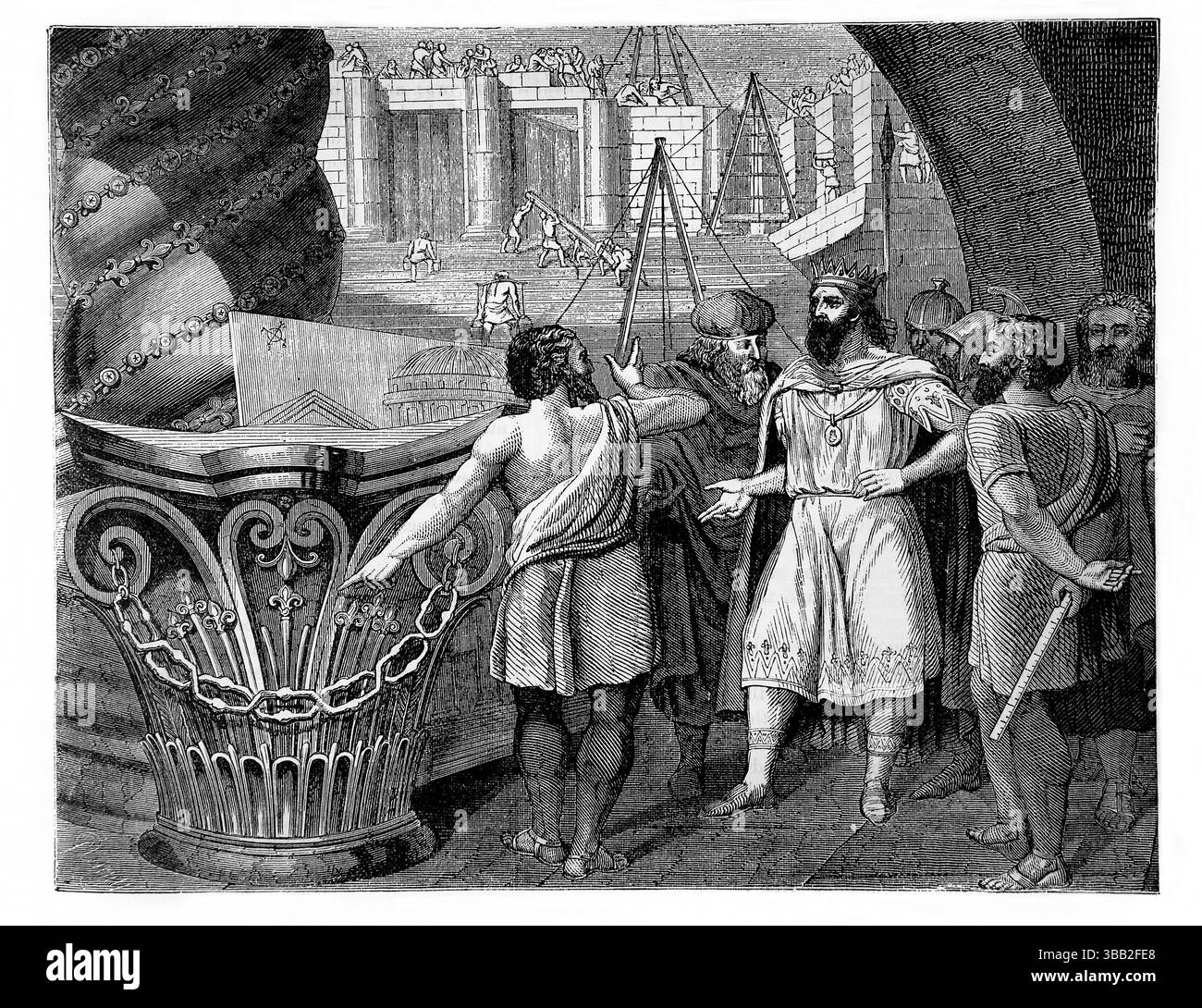Illustration du roi Salomon et de la construction du premier Temple sur le mont Moriah (Rois) de l'ancien XIXe siècle la Sainte Bible contenant l'ancien Banque D'Images