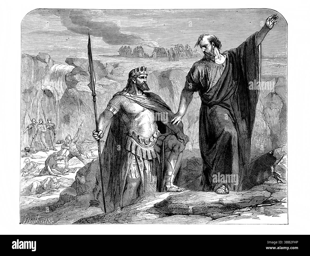 Illustration d'Elijah avertissant Achab de la pluie à venir et de la destruction des prêtres de Baal (Rois) derrière eux de l'antique 19ème siècle le Hô Banque D'Images