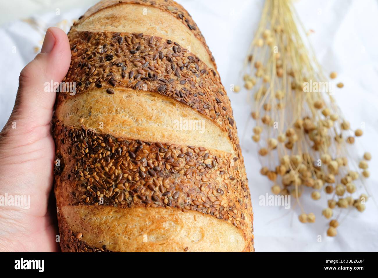Pain saupoudré de graines de lin et de sésame dans la main de la femme. Gousses de graines de lin. Pain au levain. Vue de dessus. Faible profondeur de champ. Banque D'Images