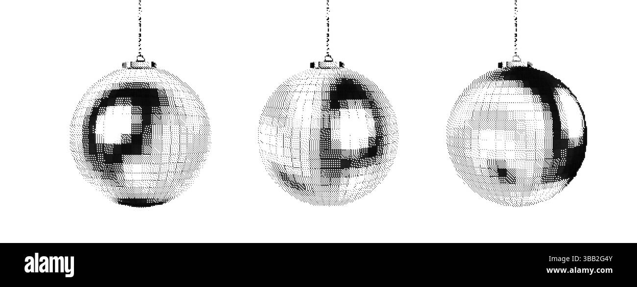 Disco boule demi-ton fête danse musique collage vecteur club rétro. Éléments 3d de texture miroir DJ isolés. Boules disco à paillettes argentées graphiques monochromes Illustration de Vecteur